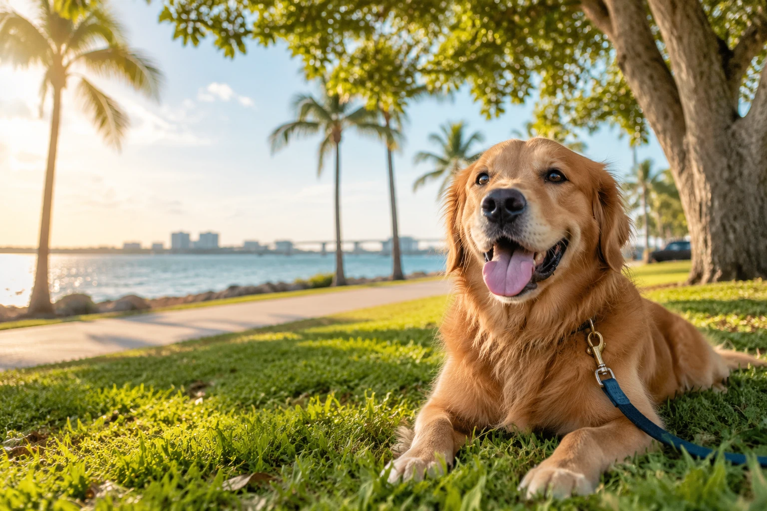 Golden retriever resting in the shade of a tree near the Sarasota bayfront