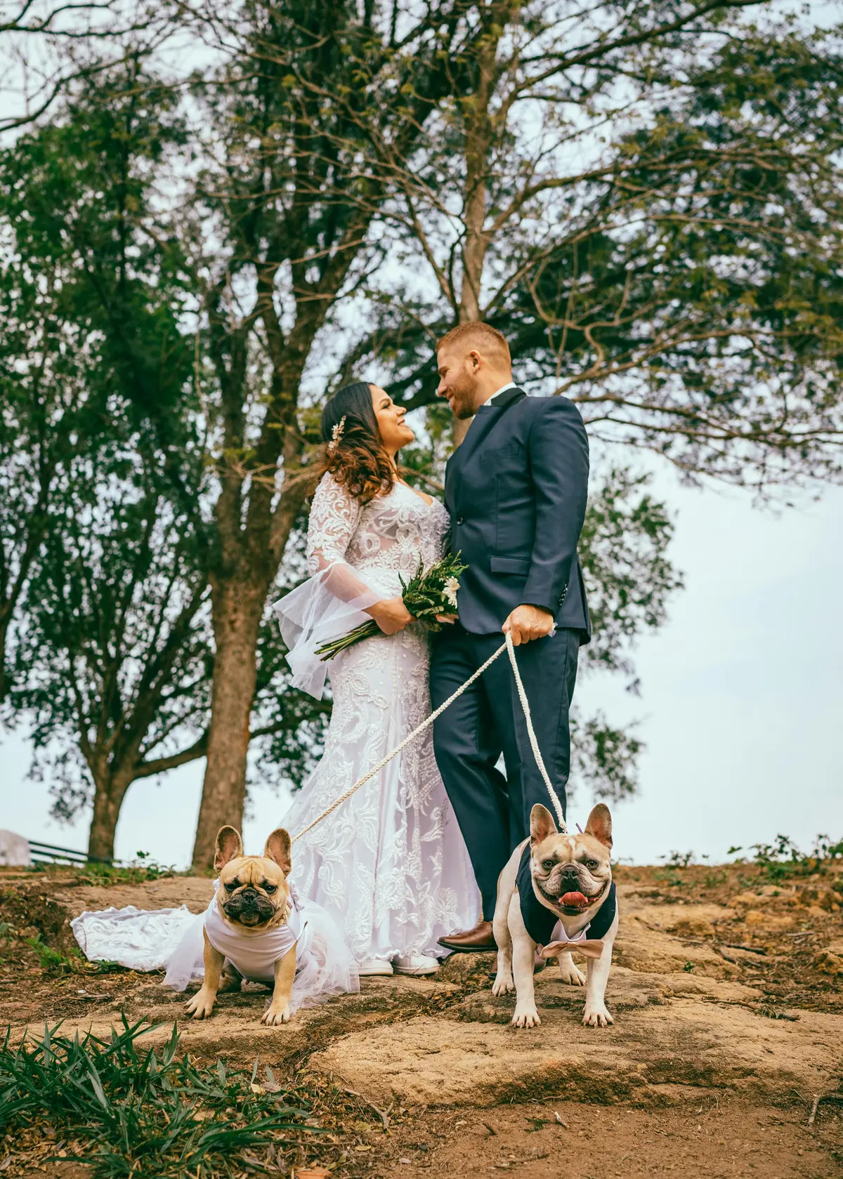 Dog at outdoor wedding ceremony with attendant