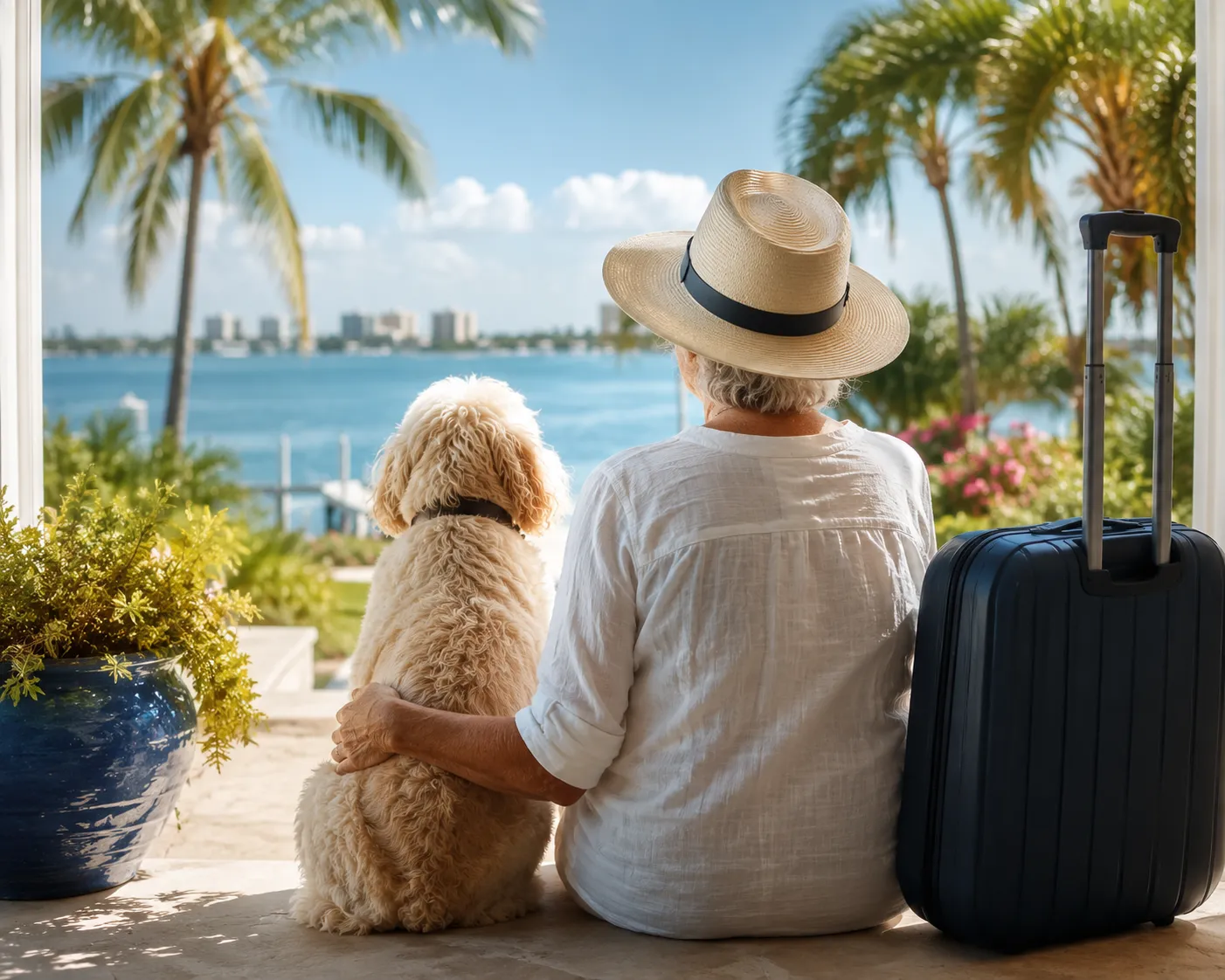 Owner and dog overlooking the waterfront before departing for a second residence