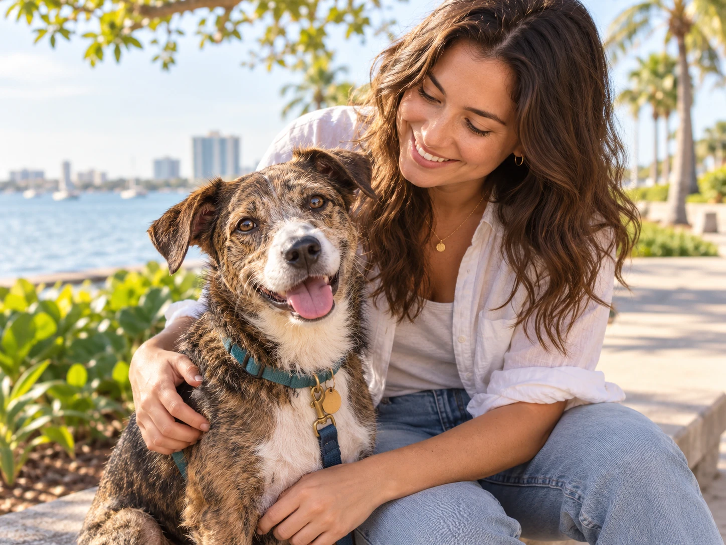 Smiling woman hugging her brindle mixed-breed dog on the Sarasota bayfront